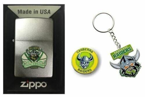 Set 3 Canberra Raiders NRL Centenary Zippo + Heritage Pin & Team Logo Key Ring