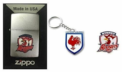 Set 3 Sydney Roosters NRL Team Logo Zippo + Heritage Ring & Team Logo Pin