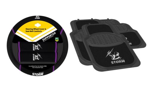 Set of 2 Melbourne Storm NRL Car Steering Wheel Cover & 4 Floor Mats