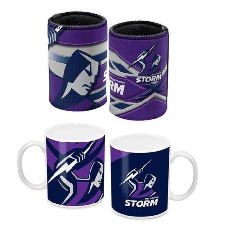 Set Of 2 Melbourne Storm NRL Long Stripe Can Cooler & Ceramic Coffee Mug Tea Cup