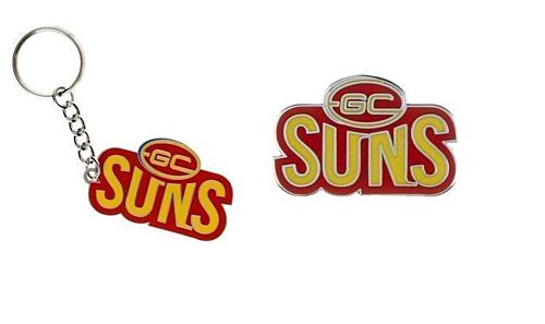 Set Of 2 Gold Coast Suns AFL Team Logo Metal Pin Badge & Mascot Metal Keyring Key Ring