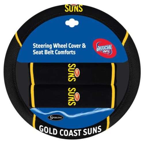 Gold Coast Suns AFL Team Logo 39cm Diameter Flexible Steering Wheel & 2 Seat Belt Covers