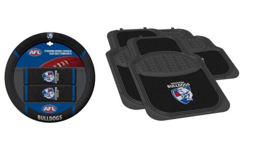 Set Of 2 Western Bulldogs AFL Team Logo Car Steering Wheel Cover & 4 Floor Mats 2x Front 2x Rear