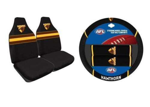 Set Of 2 Hawthorn Hawks AFL Car Seat Covers & Steering Wheel 
