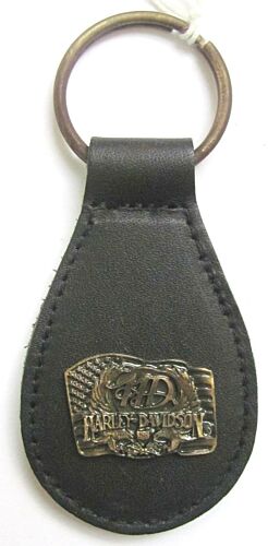 Harley Davidson Leather & Brass Keyring Key Ring American Flag USA