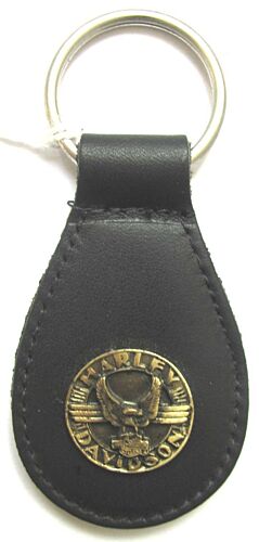 Harley Davidson Leather & Brass Keyring Key Ring Round Eagle Logo