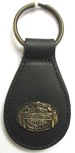 Harley Davidson Leather & Brass Keyring Key Ring Feather Logo