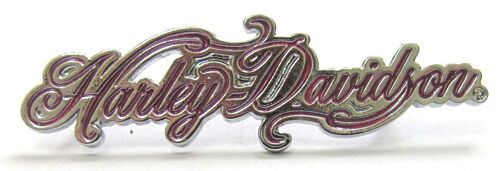 Harley Davidson Pin Badge Silver & Pink Script Word Logo 