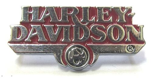 Harley Davidson Pin Badge Red & Chrome Silver Word Logo