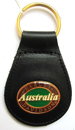 Harley Davidson Leather & Enamel Keyring Key Ring Oval Australia Logo