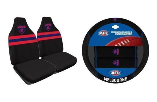 Set Of 2 Melbourne Demons AFL Car Seat Covers & Steering Wheel 