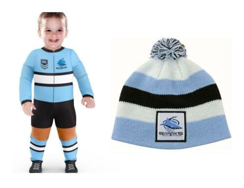 Set of 2 Cronulla Sharks NRL Team Logo Long Sleeve Full Footy Suit Footysuit Onesie Baby Toddler + Striped Baby Beanie