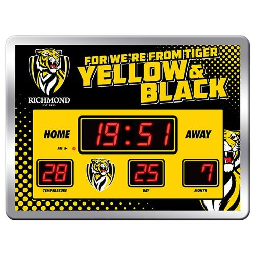 Richmond Tigers AFL Team Scoreboard LED Digital Clock With Time Date and Temperature