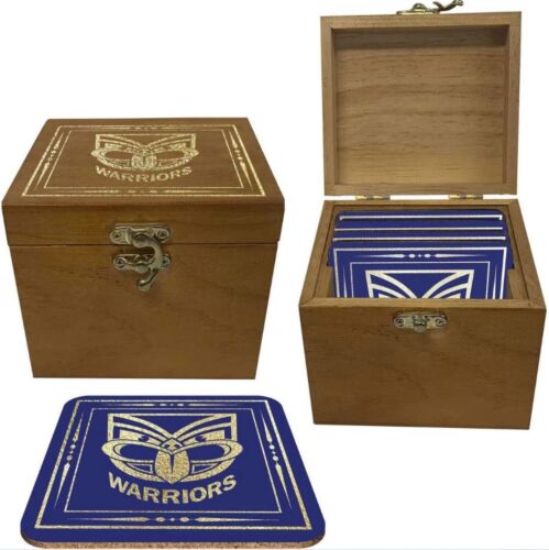 New Zealand Warriors NRL Team Logo Set of 4 Cork Back Coasters In Wooden Box 