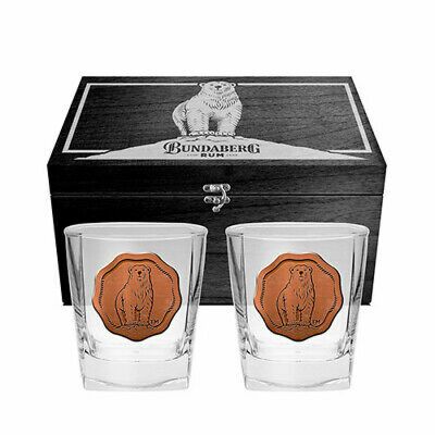 Bundaberg Bundy Rum Set Of 2 Metal Badged Spirit Glasses In Wooden Collectors Box