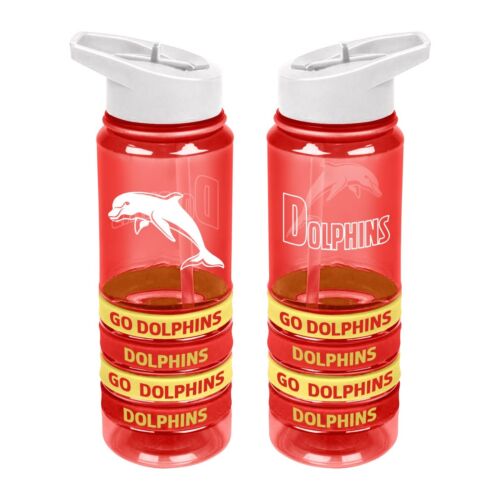 Dolphins NRL Large Team Logo Tritan Plastic Drink Bottle With 4 Wrist Bands In Team Colours