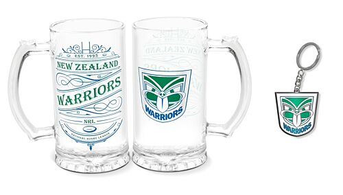 New Zealand Warriors NRL Heritage 500ml Stein Glass & Keyring Gift Set