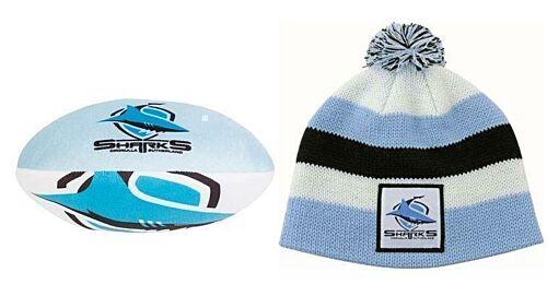 Set Of 2 Cronulla Sharks NRL Team Logo Child Plush Football & Stripe Baby Beanie Toddler Hat