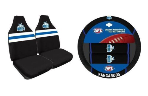 Set Of 2 North Melbourne Kangaroos AFL Car Seat Covers & Steering Wheel 