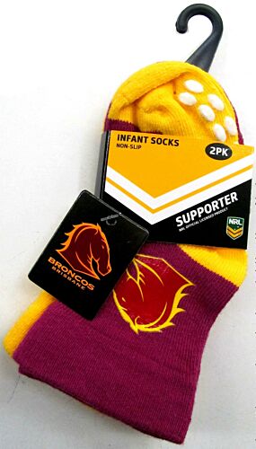 Brisbane Broncos NRL Baby Infant Socks 2 pack Anti-Slip Grip Size 00-1