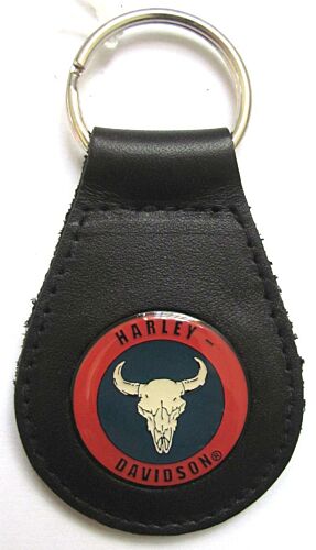Harley Davidson Leather & Enamel Keyring Key Ring Bull Cow Skull Head