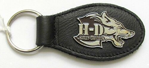 Harley Davidson Leather & Enamel Keyring Key Ring Silver & Brown Wolf Head