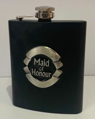 Maid Of Honour Black Matte 7oz Hip Flask With Badge In Gift Box Wedding