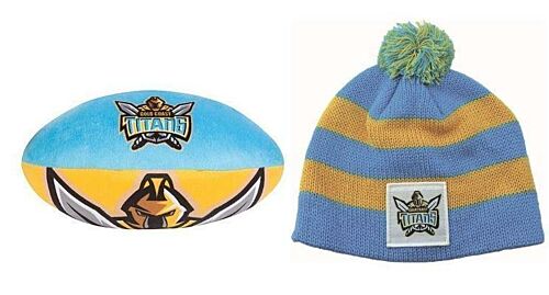 Set Of 2 Gold Coast Titans NRL Team Logo Child Plush Football & Stripe Baby Beanie Toddler Hat