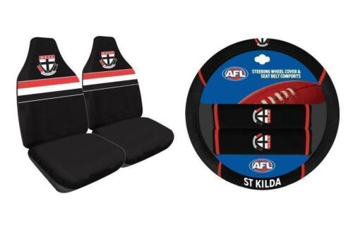 Set Of 2 St Kilda Saints AFL Car Seat Covers & Steering Wheel 