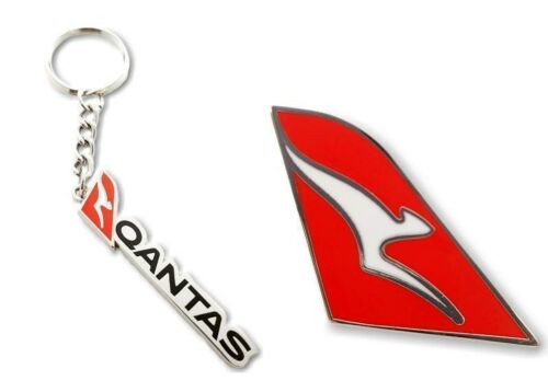 Set Of 2 Qantas Australia Tail Fin Logo & Logo Keyring Key Ring Aviation Airline Kangaroo 