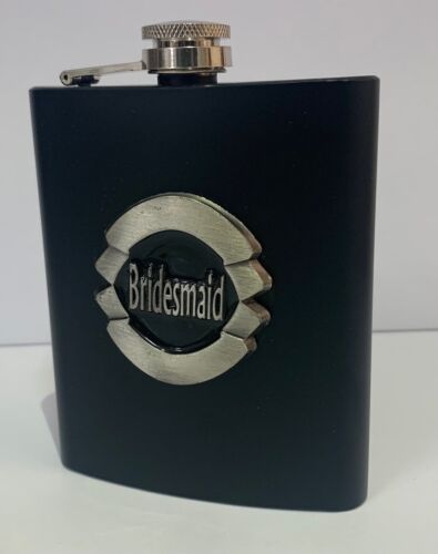 Bridesmaid Black Matte 7oz Hip Flask With Badge In Gift Box Wedding