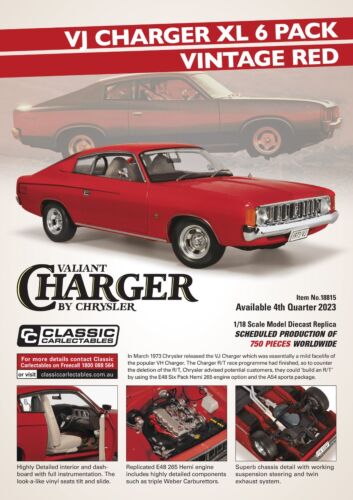 PRE ORDER $50 DEPOSIT - Chrysler VJ Charger XL 6 Pack Vintage Red 1:18 Scale Model Car (FULL PRICE - $299.00)