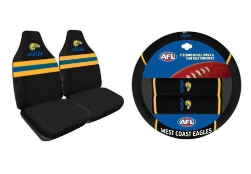 Set Of 2 West Coast Eagles AFL Car Seat Covers & Steering Wheel 