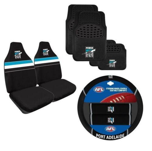 Set Of 3 Port Adelaide AFL Team Car Seat Covers + Steering Wheel Cover + 4 Floor Mats
