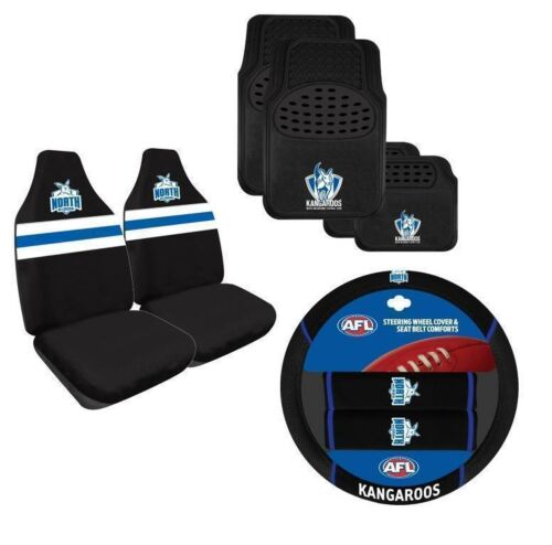 Set Of 3 North Melbourne Kangaroos AFL Team Car Seat Covers + Steering Wheel Cover + 4 Floor Mats