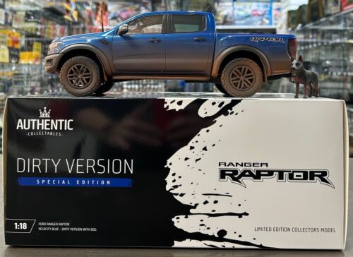 Ford Ranger Raptor Velocity Blue Dirty Version With Dog 1:18 Scale Model Car