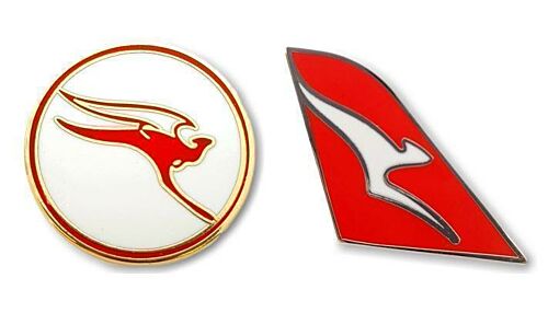 Set Of 2 Qantas Australia Tail Fin Logo & Retro Round Pin Badge Aviation Airline Lapel Pin Kangaroo 
