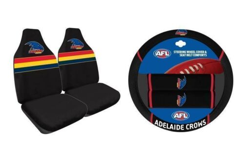 Set Of 2 Adelaide Crows AFL Car Seat Covers & Steering Wheel 
