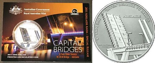 2011 Capital Bridges lt Tom 'Diver' Derrick VC DCM Bridge Adelaide One Dollar $1 Frosted Uncirculated Coin