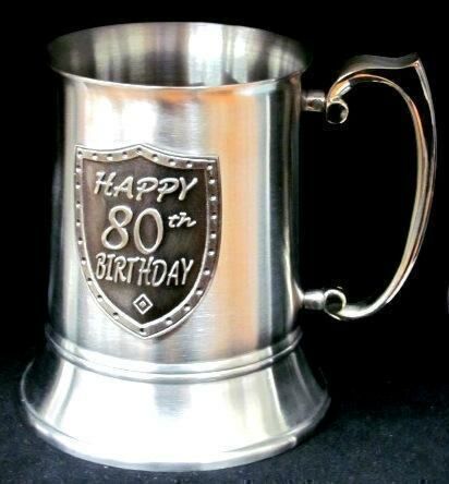 Happy 80th Birthday Stainless Steel Silver Badge Beer Stein Glass in Gift Box