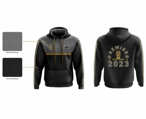 Penrith Panthers 2023 NRL Three-Peat Premiers Back To Back To Back Tidwell Kids Youth Grey / Charcoal Melange Hoodie Hooded Jumper
