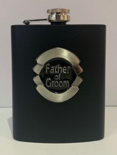 Father Of The Groom Black Matte 7oz Hip Flask With Badge In Gift Box Wedding