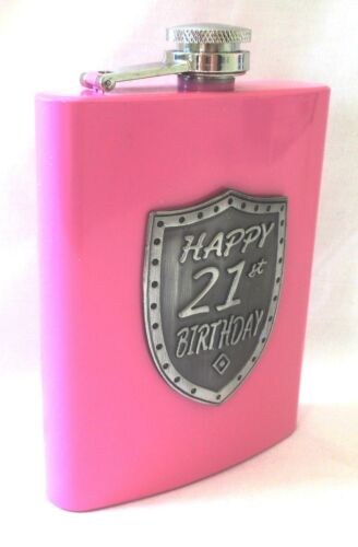 21st Birthday Pink 150ml Hip Flask With Badge In Gift Box