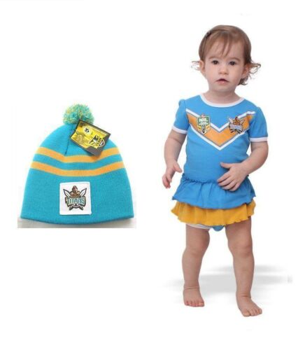 Set of 2 Gold Coast Titans NRL Team Logo Girls Footysuit Tutu Frill Skirt Onesie Baby Toddler & Baby Toddler Beanie