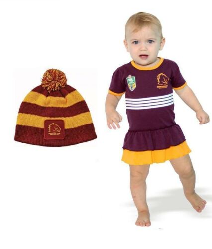 Set of 2 Brisbane Broncos NRL Team Logo Girls Footysuit Tutu Frill Skirt Onesie Baby Toddler & Baby Toddler Beanie