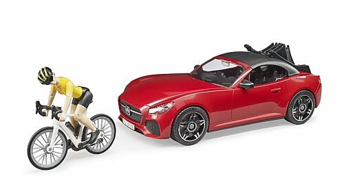 Bruder Roadster Red Sports Car With Racing Bicycle And Cyclist 1:16 Scale Plastic Model