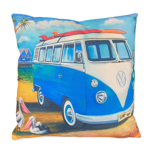 Surfs Up VW Volkswagen Kombi Van Square Cushion Pillow - Artwork By Jenny Sanders