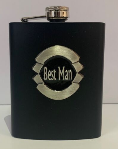 Bestman Black Matte 7oz Hip Flask With Badge In Gift Box Wedding
