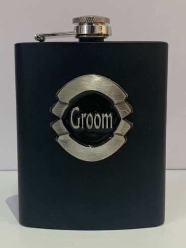 Groom Black Matte 7oz Hip Flask With Badge In Gift Box Wedding
