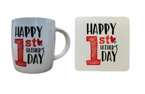 Happy First 1st Fathers Day 350mL Barrell Coffee Tea Mug Cup And Cork Backed Coaster 2 Piece Gift Set In Box